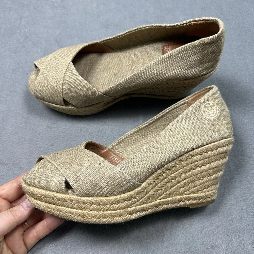 Tory Burch Filipa Espadrille Wedge Heels 8B Tan Canvas Peep Toe Platform